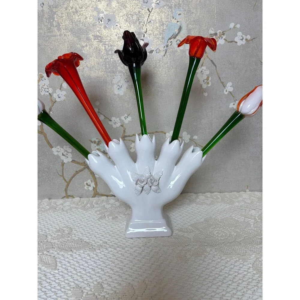 ELPA Alcobaca White Ceramic 5 Finger Tulipiere Bud Vase Rose Portugal Vintage